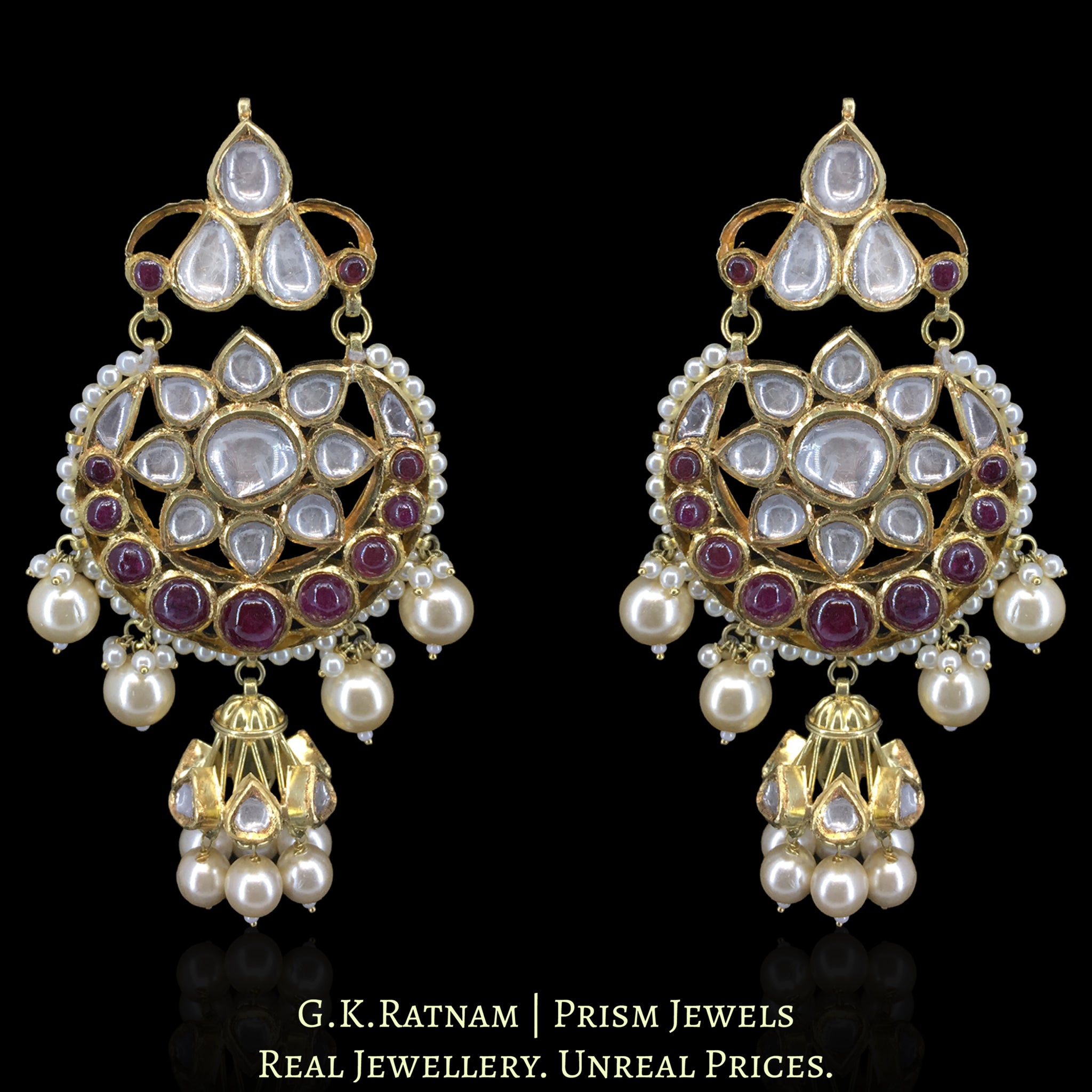 18k Gold and Diamond Polki Chand Bali Earring Pair with Jhumki