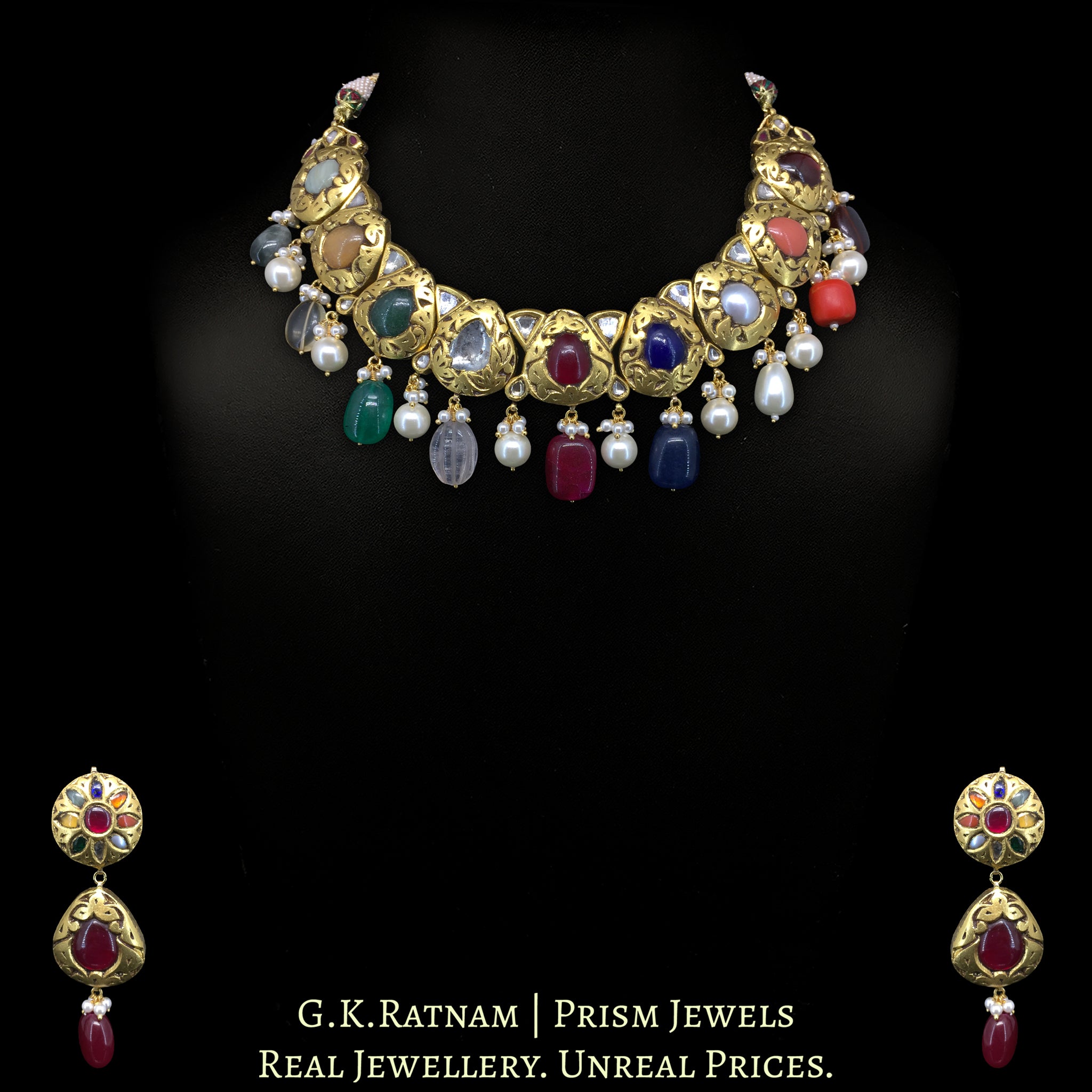 23k Gold and Diamond Polki Navratna Necklace Set