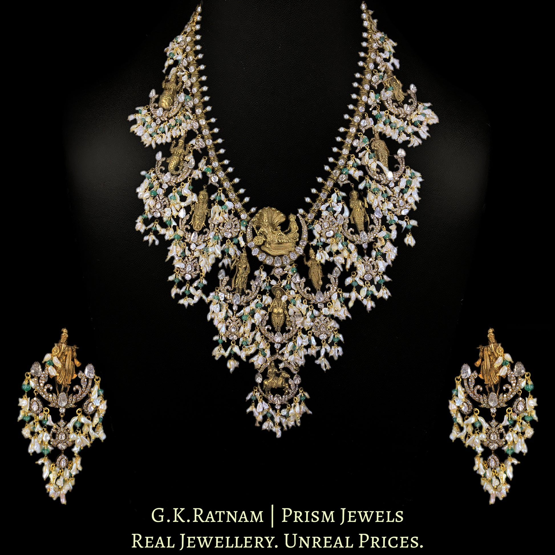 18k Gold and Diamond Polki Open Setting temple-style Guttapusalu Necklace Set in Victorian Finish - G. K. Ratnam