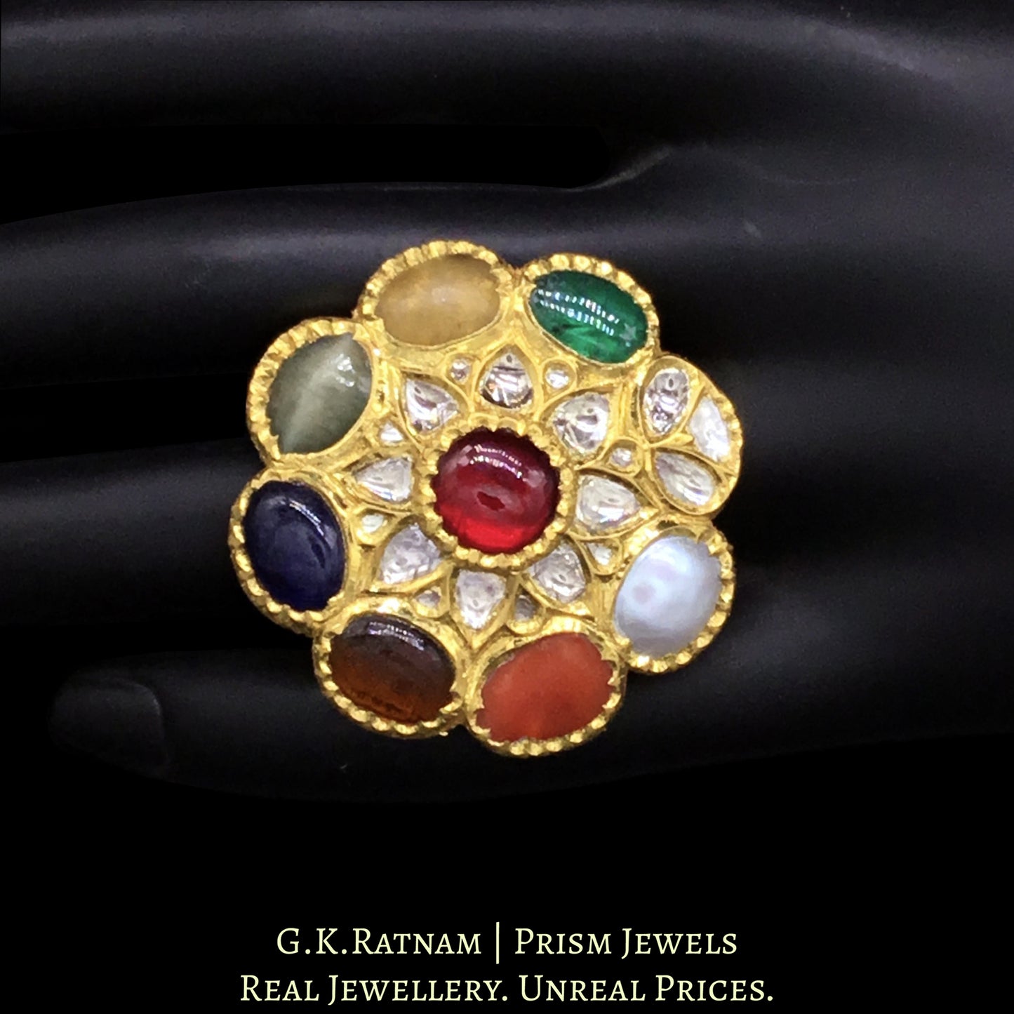 18k Gold and Diamond Polki Cocktail Ring with Navratna Stones