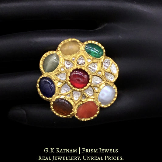 18k Gold and Diamond Polki Cocktail Ring with Navratna Stones