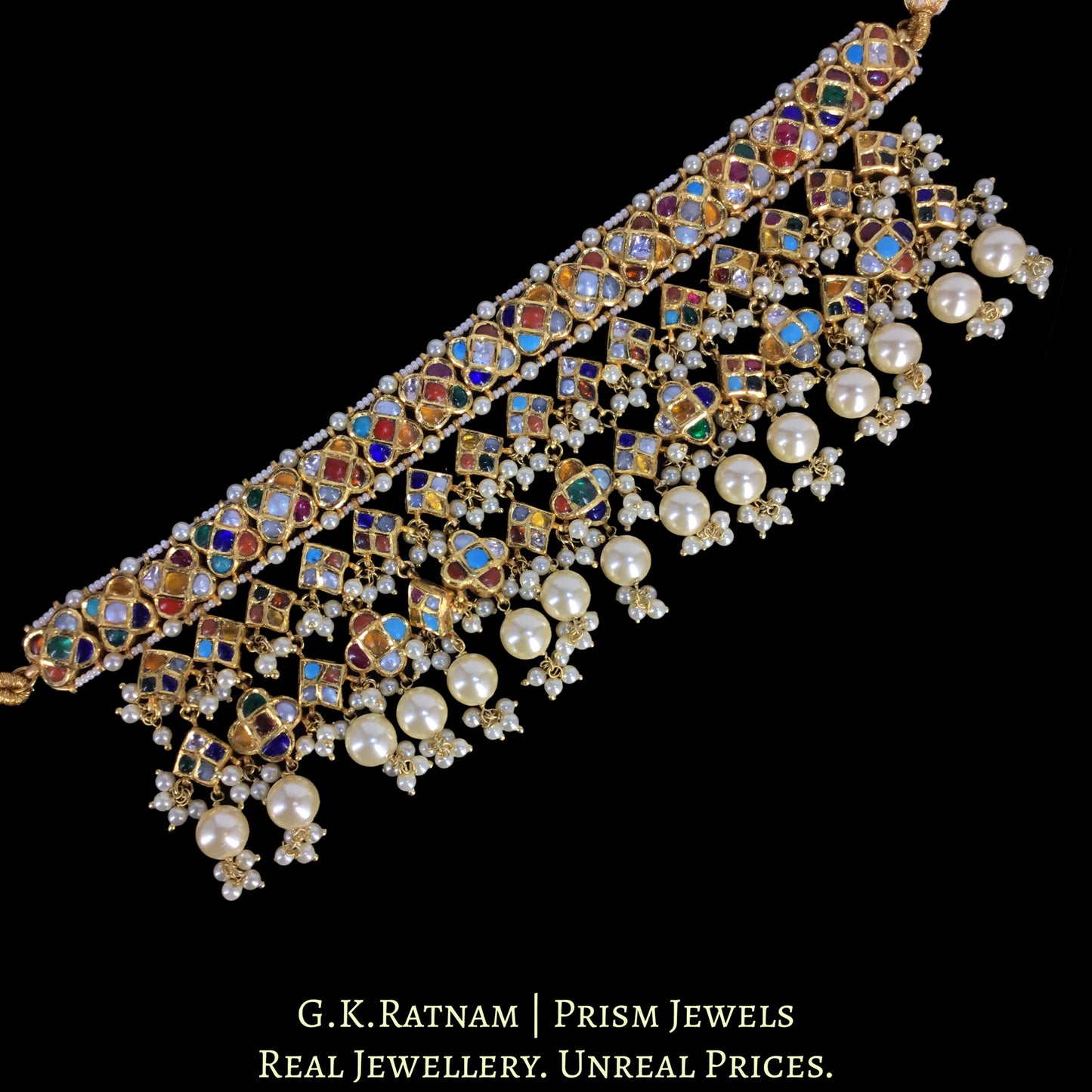 22k Gold and Diamond Polki Navratna Choker Necklace With Square and Triangle Motifs