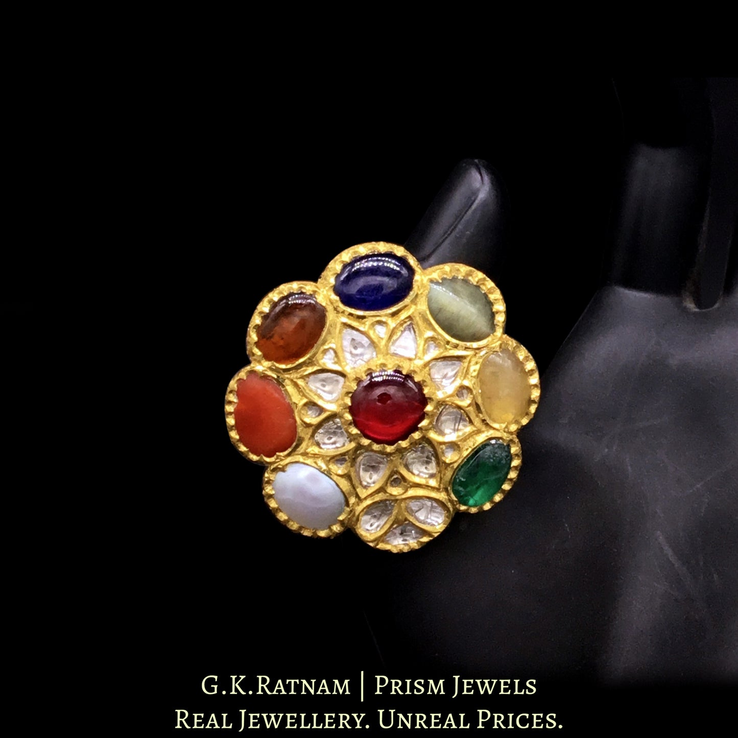 18k Gold and Diamond Polki Cocktail Ring with Navratna Stones