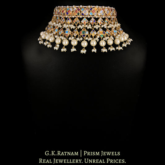 22k Gold and Diamond Polki Navratna Choker Necklace With Square and Triangle Motifs