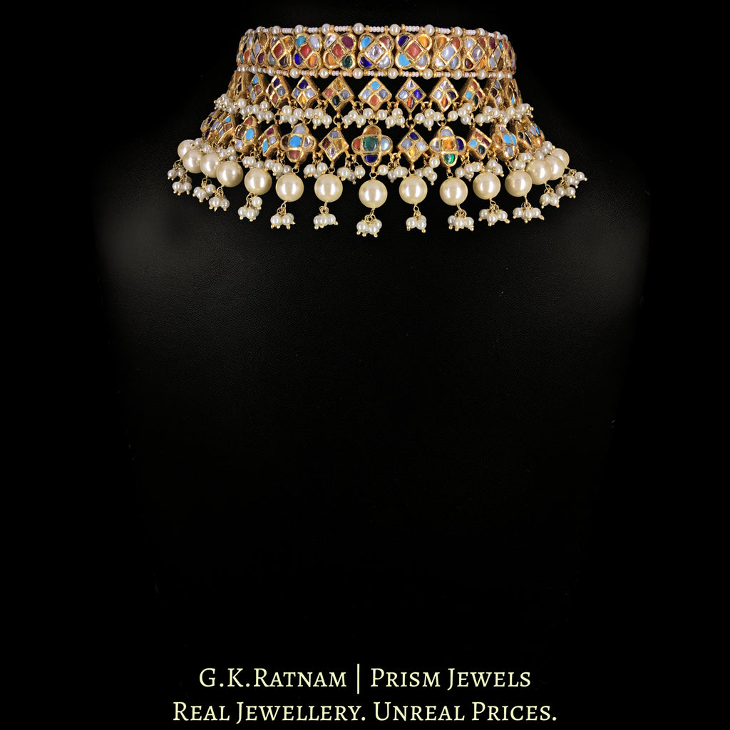 22k Gold and Diamond Polki Navratna Choker Necklace With Square and Triangle Motifs