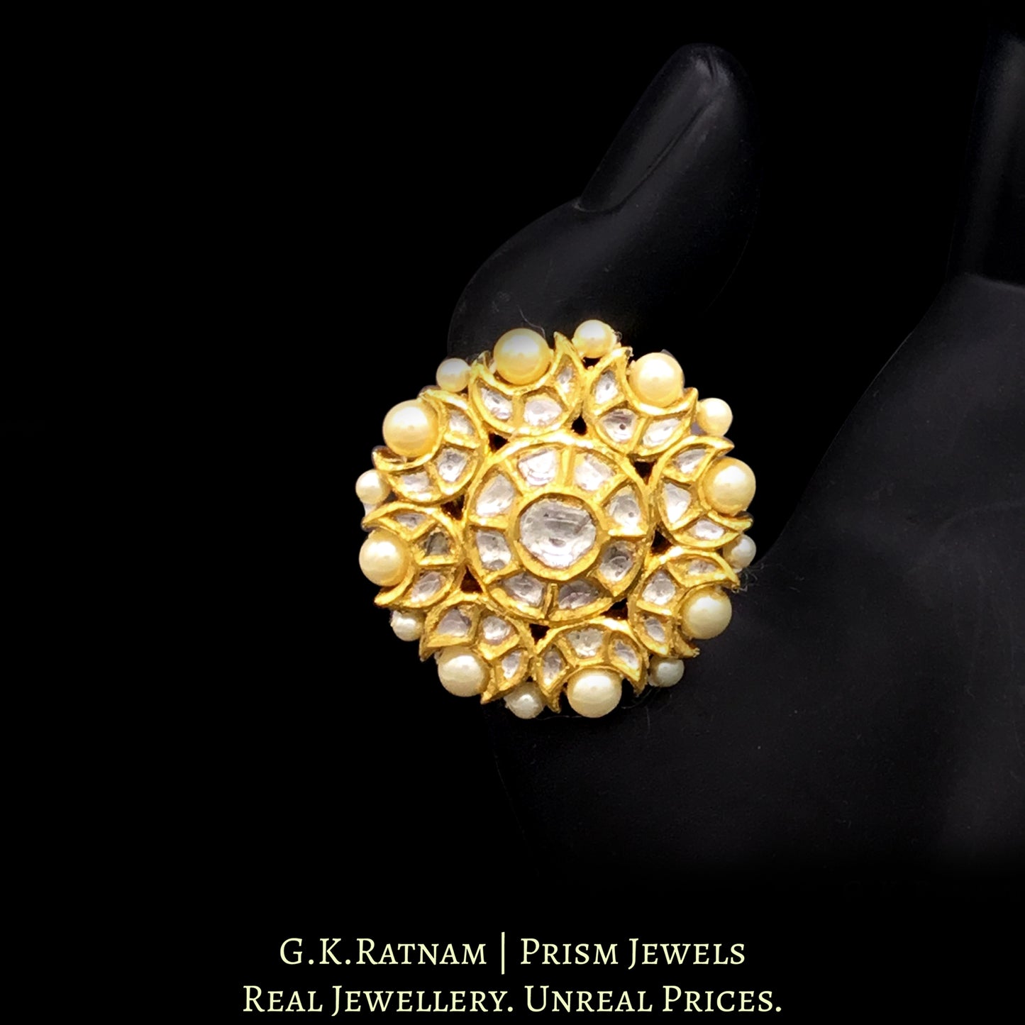 18k Gold and Diamond Polki Round Ring with Pearl Border - G. K. Ratnam