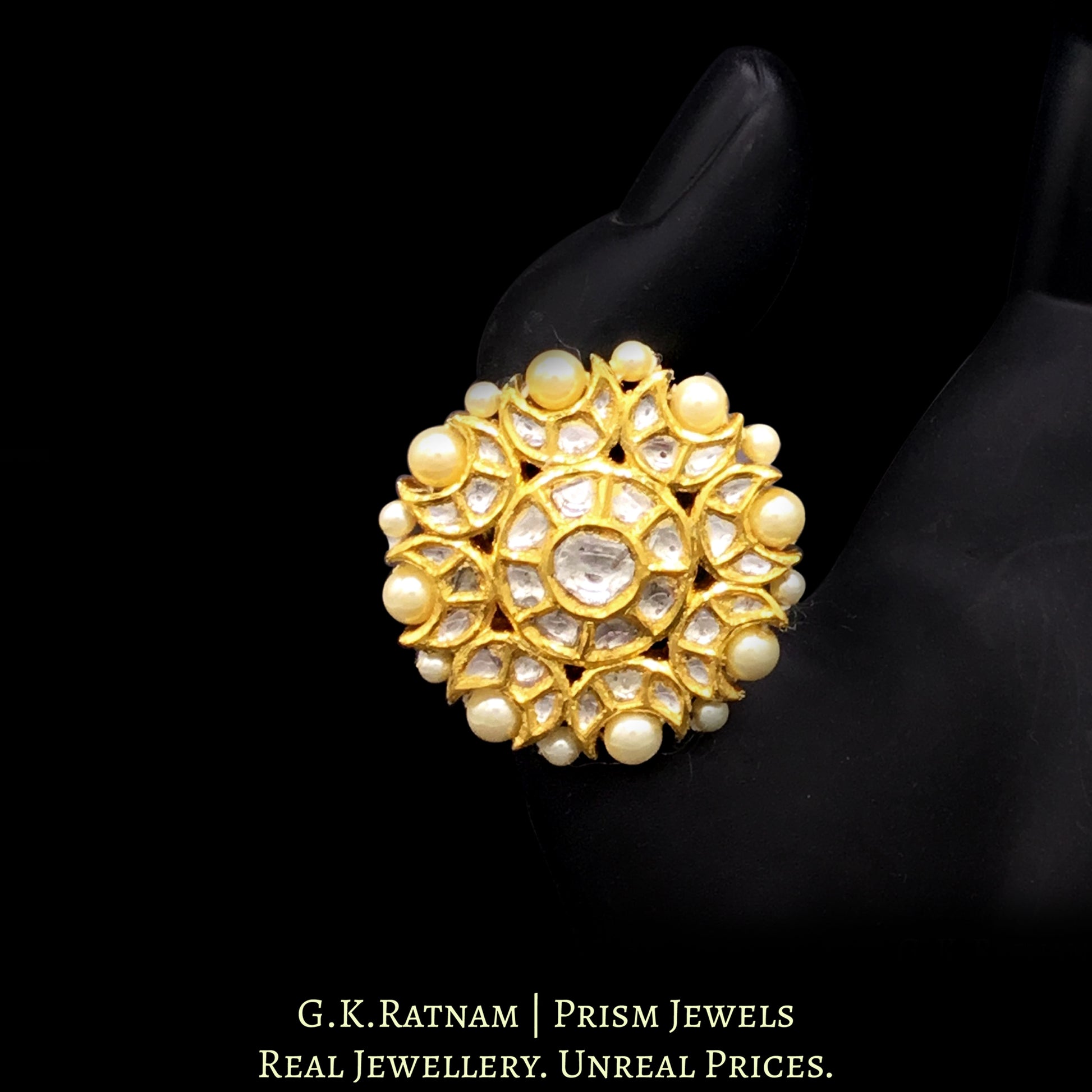 18k Gold and Diamond Polki Round Ring with Pearl Border - G. K. Ratnam