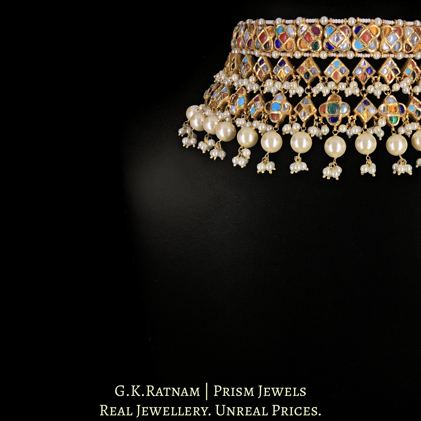 22k Gold and Diamond Polki Navratna Choker Necklace With Square and Triangle Motifs