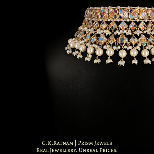 22k Gold and Diamond Polki Navratna Choker Necklace With Square and Triangle Motifs