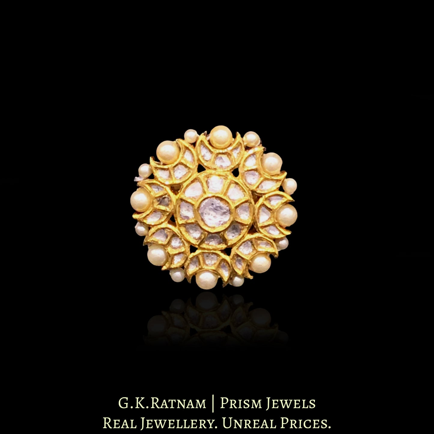 18k Gold and Diamond Polki Round Ring with Pearl Border - G. K. Ratnam