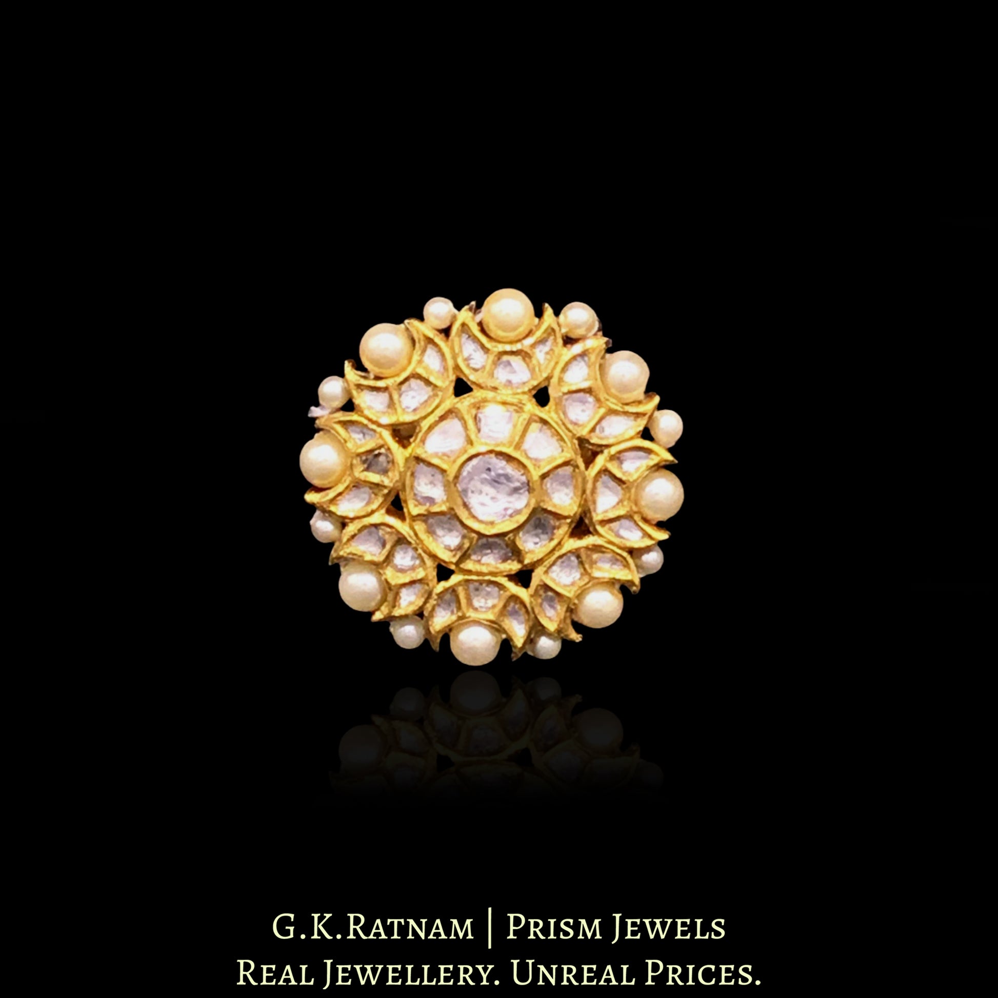 18k Gold and Diamond Polki Round Ring with Pearl Border - G. K. Ratnam