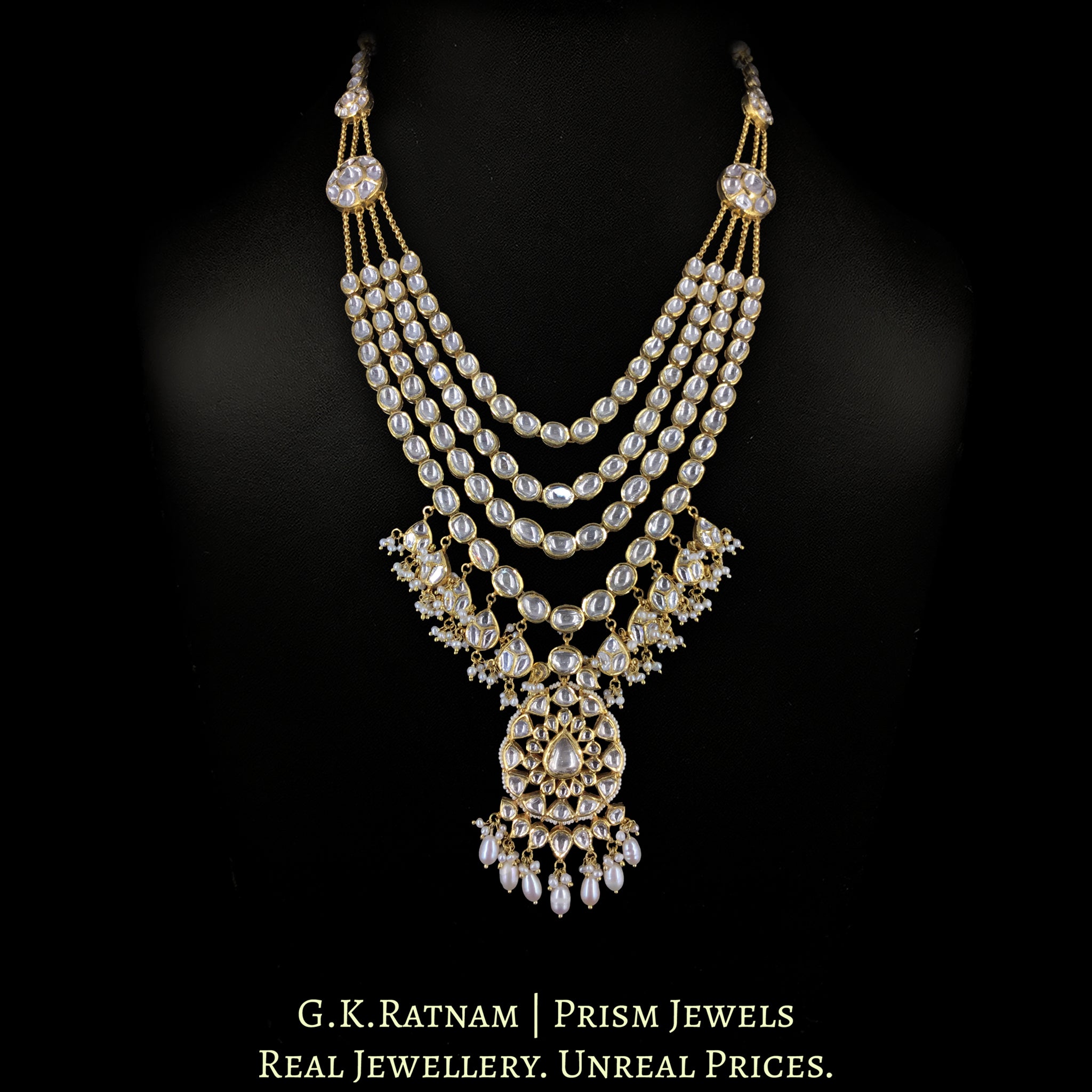 18k Gold and Diamond Polki four-row long Necklace With Chains