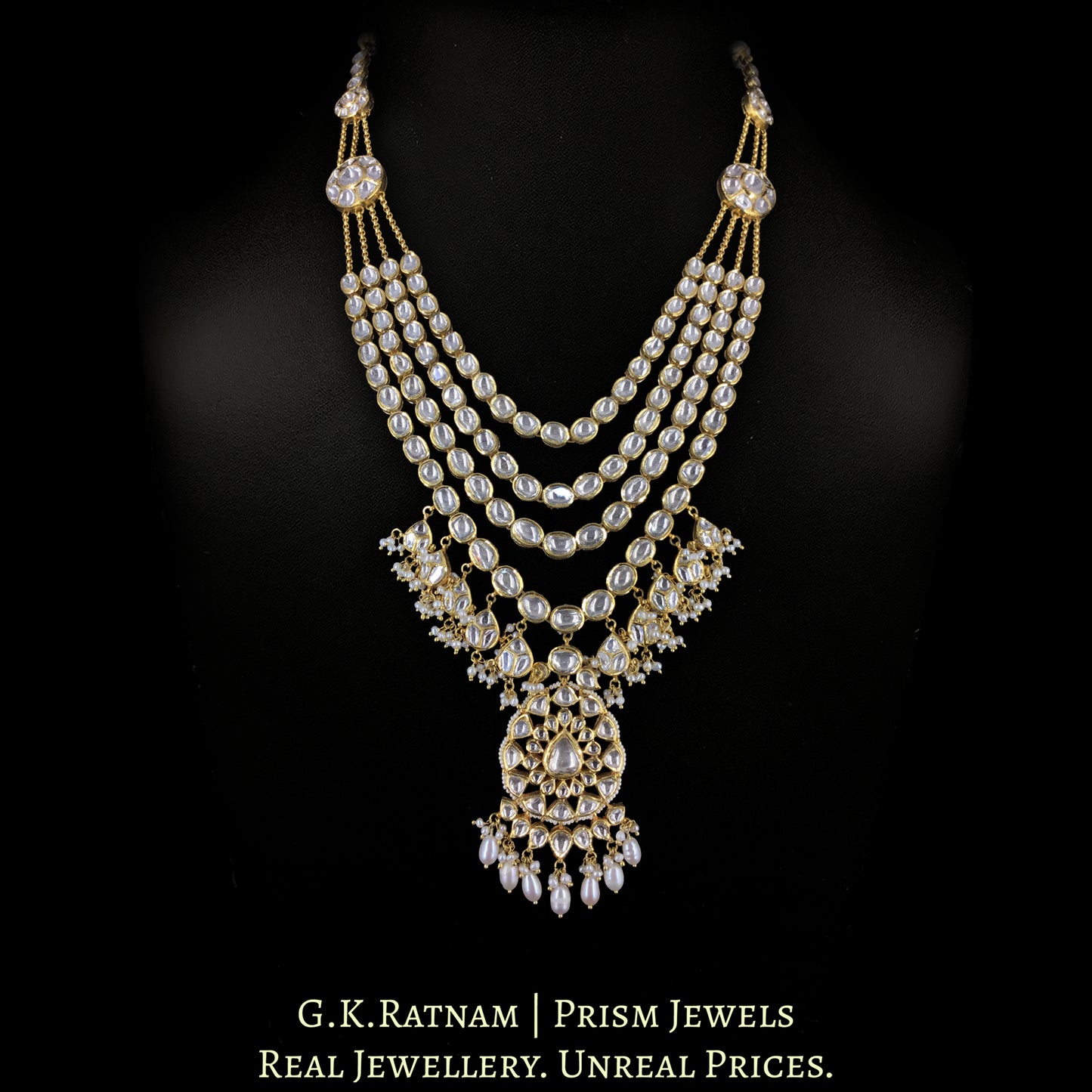 18k Gold and Diamond Polki four-row long Necklace With Chains