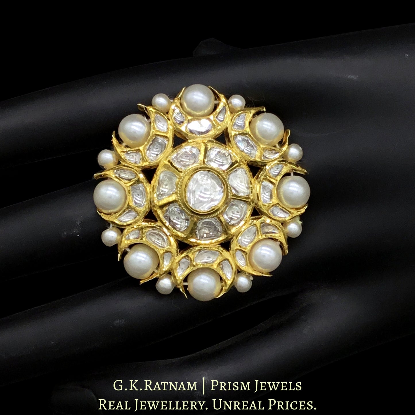 18k Gold and Diamond Polki Round Ring with Pearl Border - G. K. Ratnam