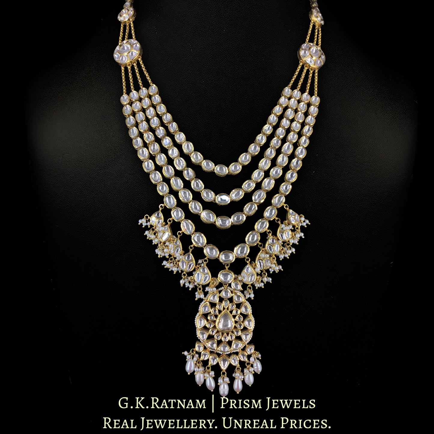 18k Gold and Diamond Polki four-row long Necklace With Chains
