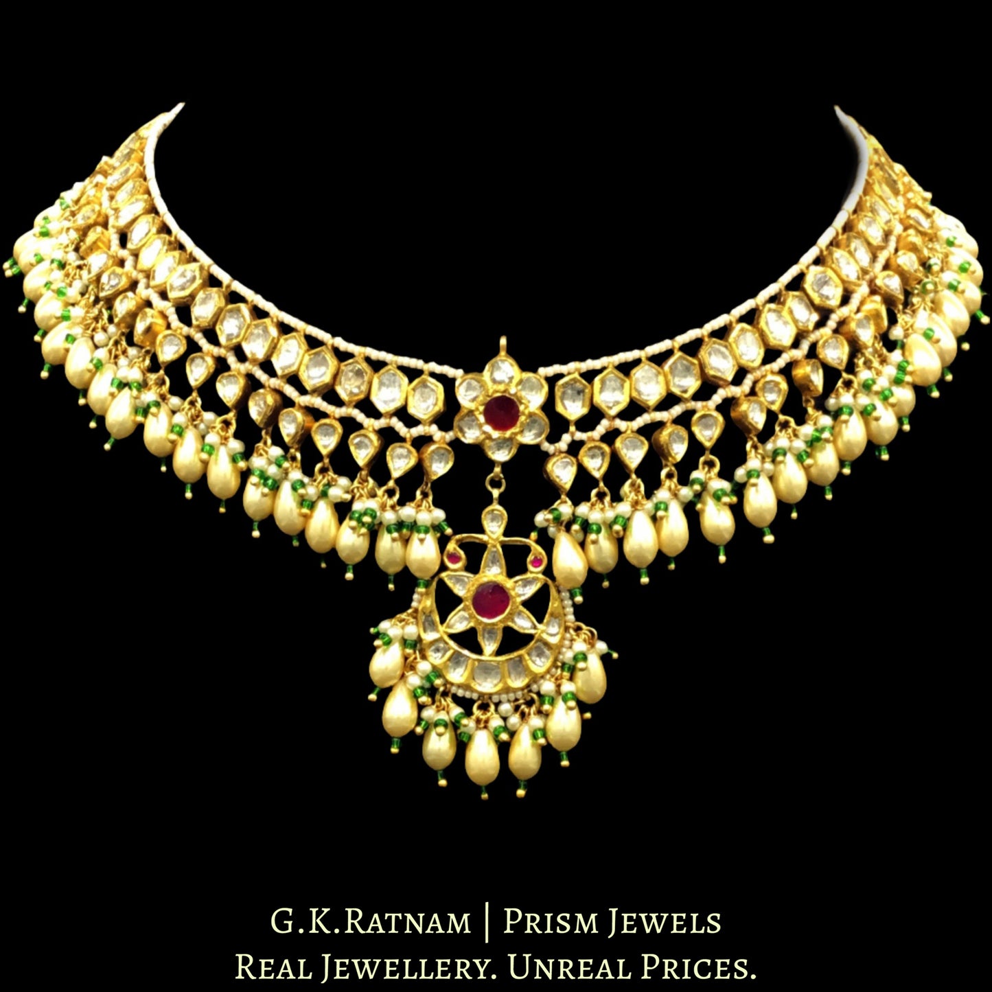 22k Gold and Diamond Polki Matha Patti enhanced with elongated pearls and a hint of green - G. K. Ratnam