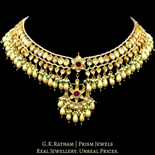 22k Gold and Diamond Polki Matha Patti enhanced with elongated pearls and a hint of green - G. K. Ratnam
