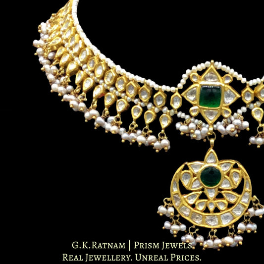 18k Gold and Diamond Polki Matha Patti with antiqued natural hyderabadi pearls - G. K. Ratnam