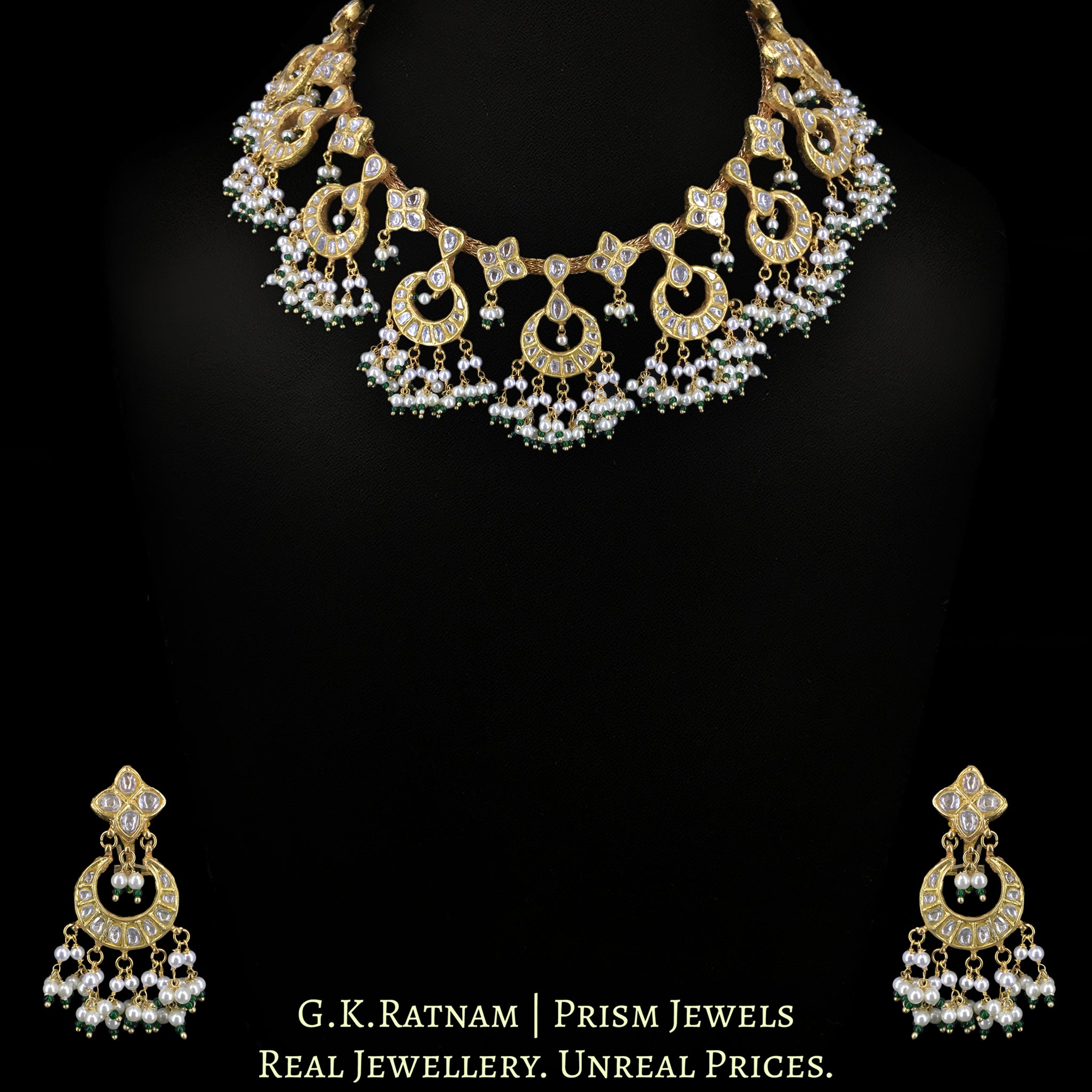 23k Gold And Diamond Polki Chain Necklace Set with chand-motifs