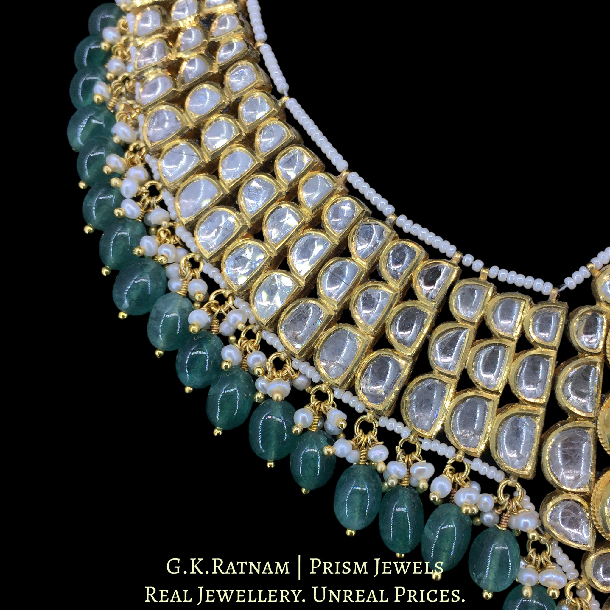 18k Gold and Diamond Polki Necklace Set with emerald-green Strawberry Quartz