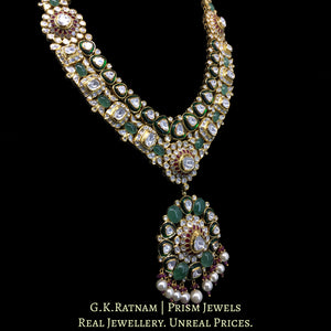 18k Gold and Diamond Polki Long Necklace Set with Rubies and emerald-green Strawberry Quartz