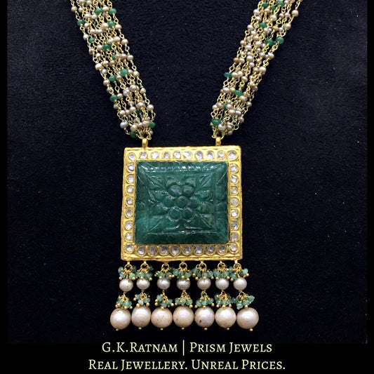 23k Gold and Diamond Polki Pendant with Square Carved Green Beryl strung in antiqued hyderabadi pearl chains