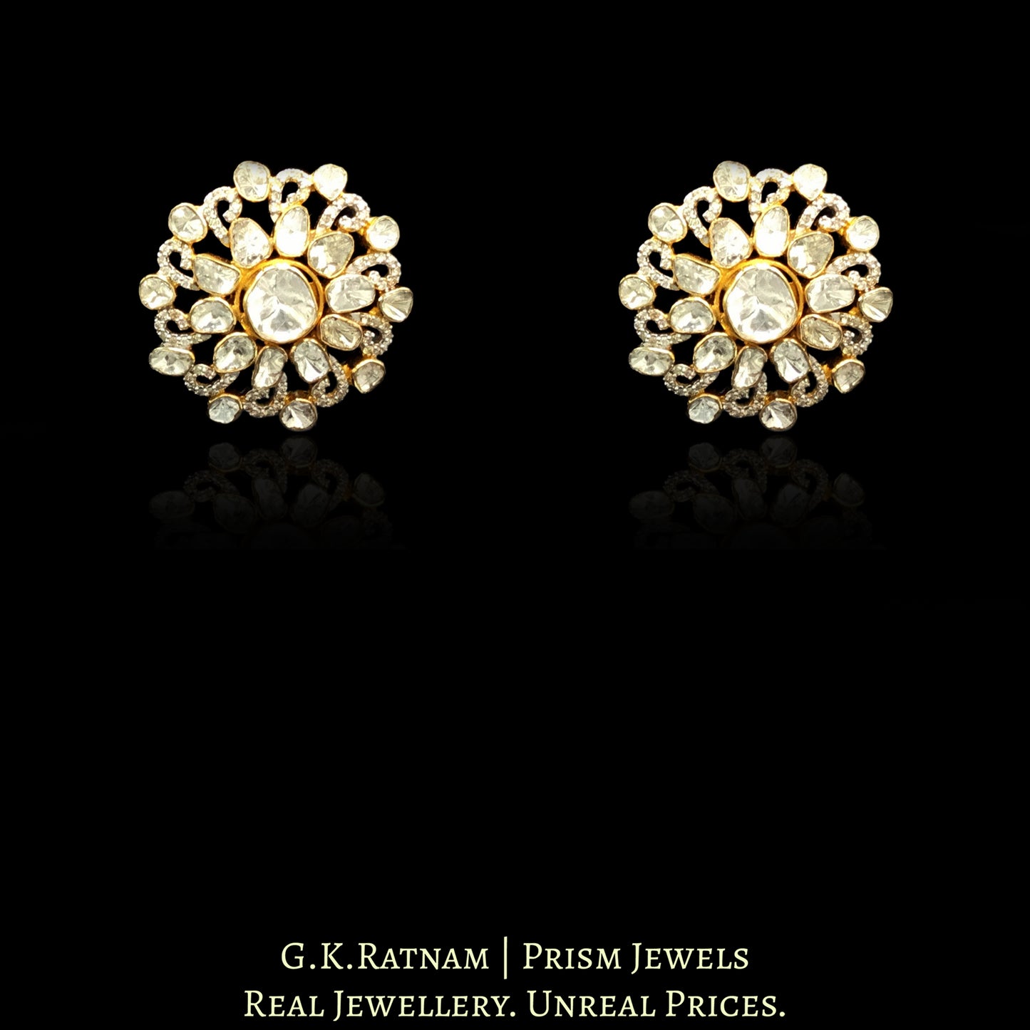 14k Gold and Diamond Polki Open Setting Whirlpool Karanphool Earring Pair - G. K. Ratnam