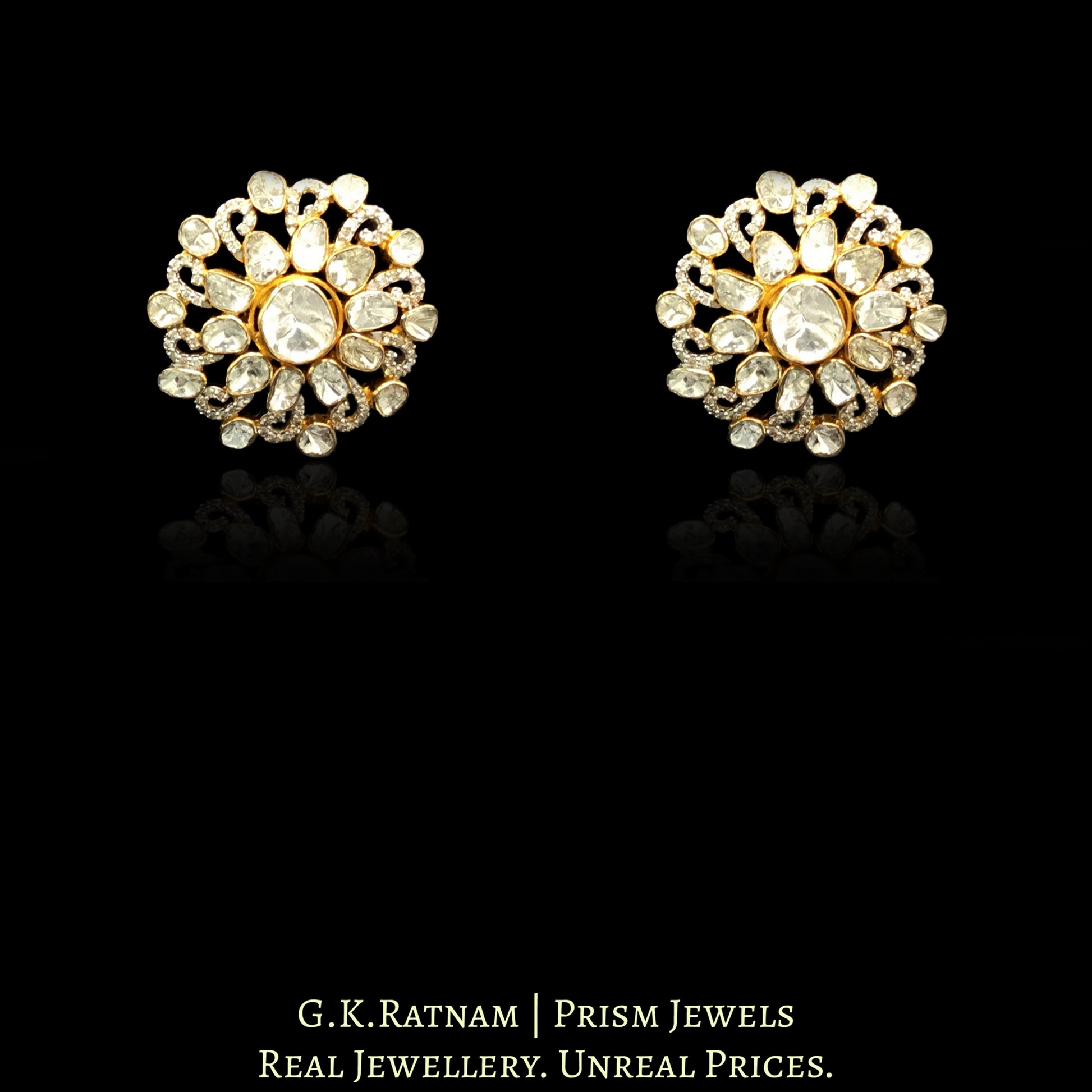 14k Gold and Diamond Polki Open Setting Whirlpool Karanphool Earring Pair - G. K. Ratnam