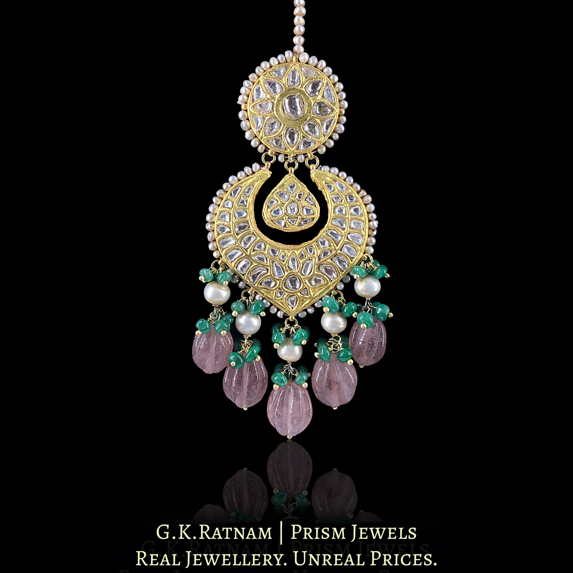 23k Gold and Diamond Polki Maang Tika With Green Beryls and Red Strawberry Quartz Melons - G. K. Ratnam