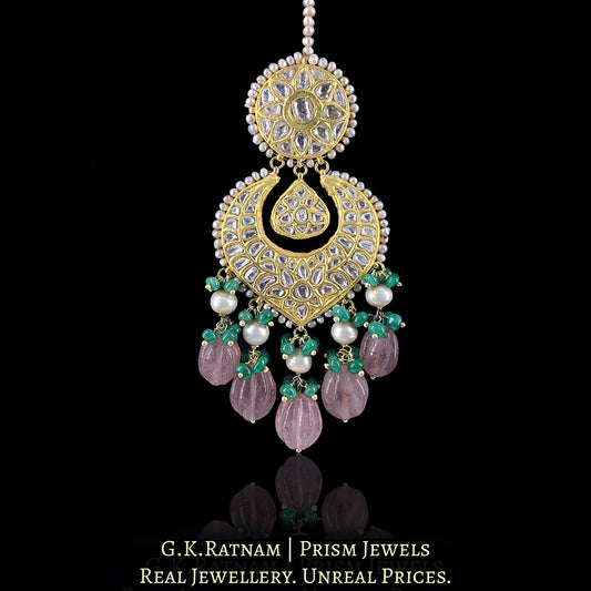 23k Gold and Diamond Polki Maang Tika With Green Beryls and Red Strawberry Quartz Melons - G. K. Ratnam