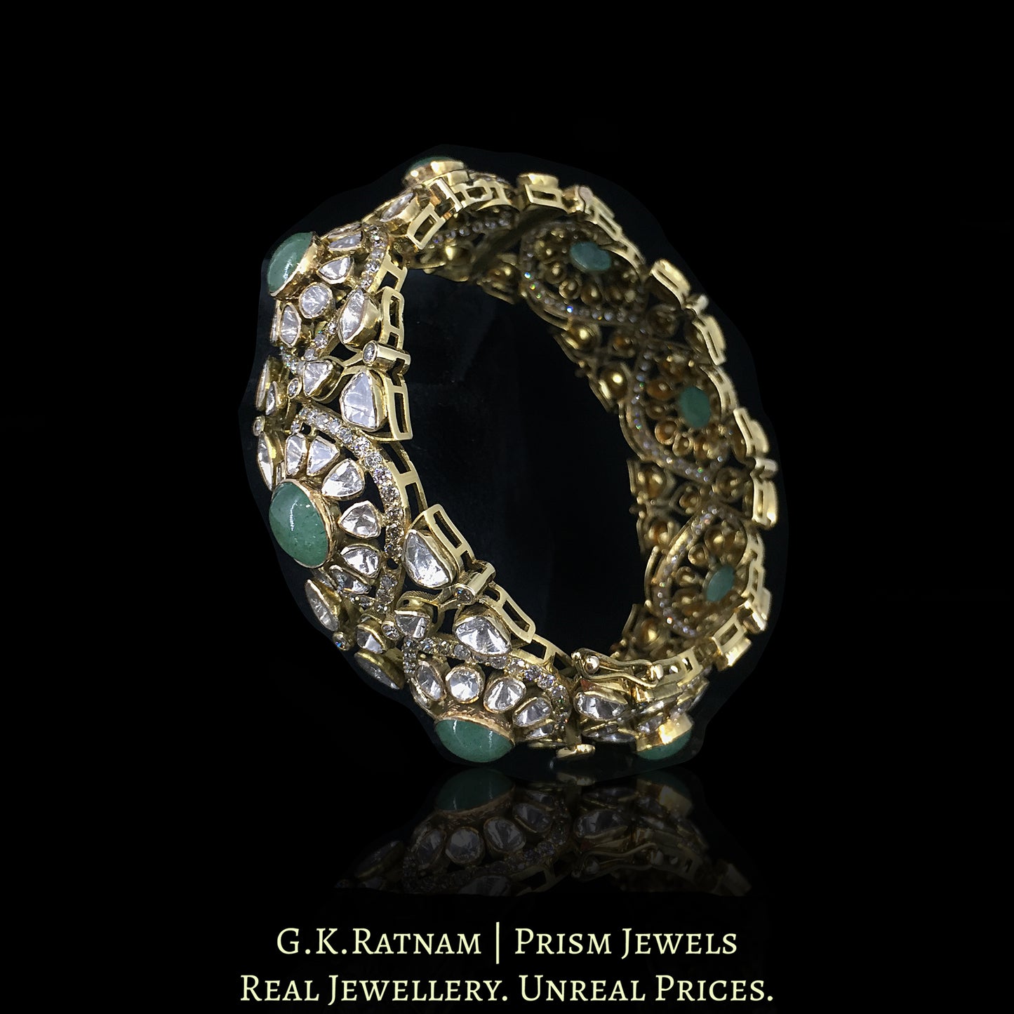 18k Gold and Diamond Polki Open Setting Bangle with emerald-grade Strawberry Quartz - G. K. Ratnam