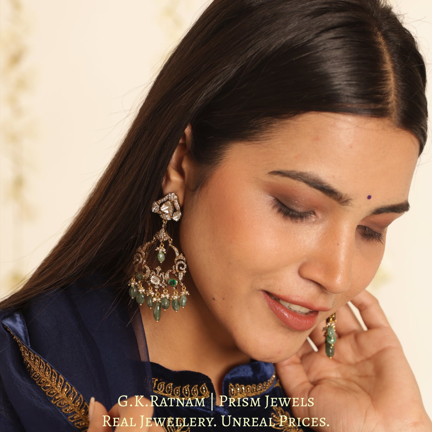 14k Gold and Diamond Polki Open Setting Chand Bali Earring Pair with Natural Emeralds