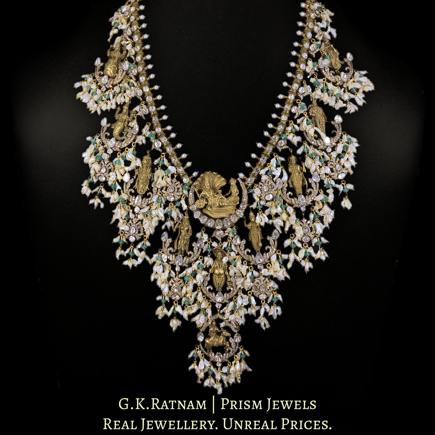 18k Gold and Diamond Polki Open Setting temple-style Guttapusalu Necklace Set in Victorian Finish - G. K. Ratnam