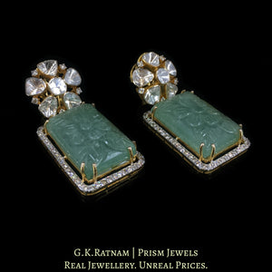 14k Gold and Diamond Polki Open Setting Long Earring Pair with hand-carved Strawberry Quartz