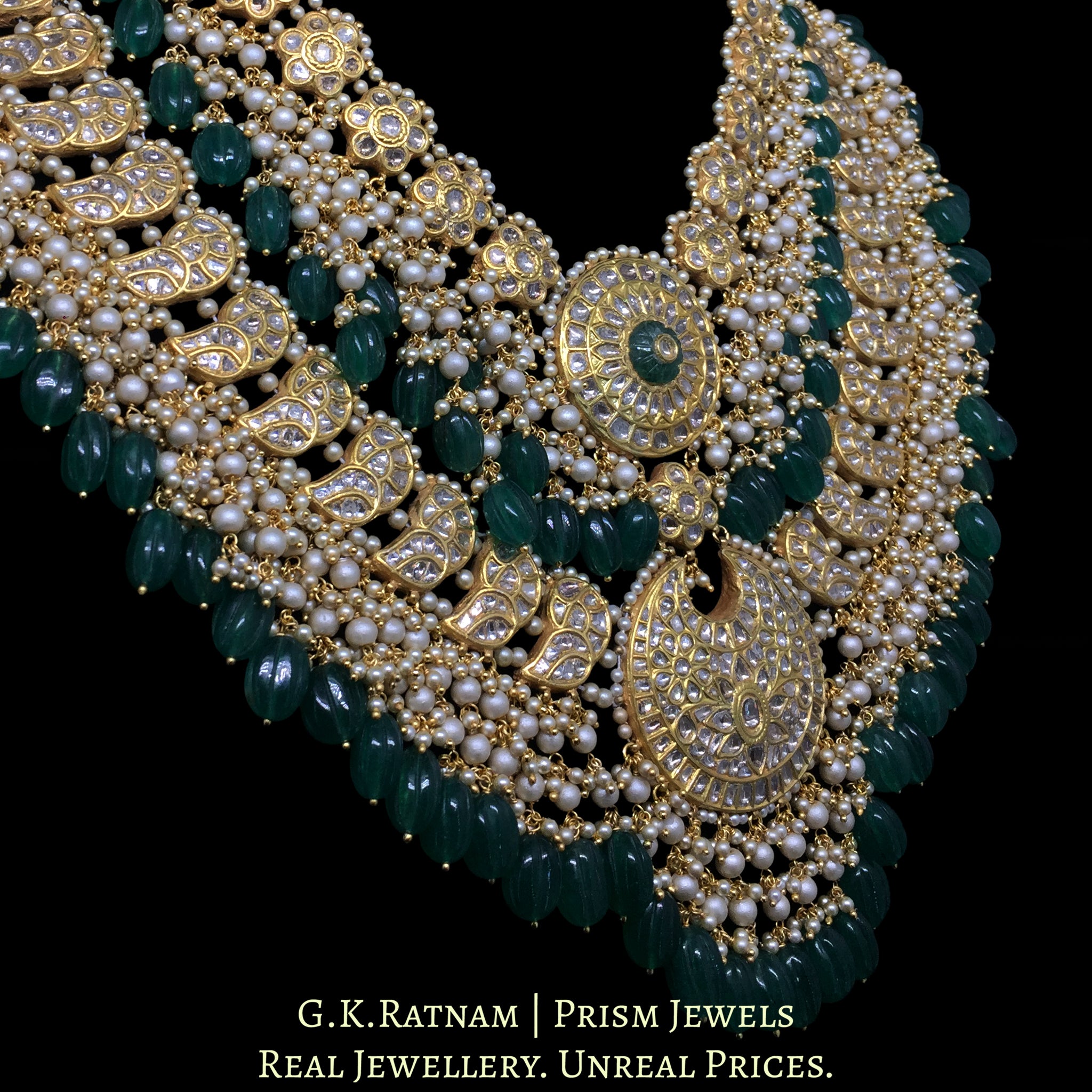 23k Gold and Diamond Polki Long Necklace Set with bird motifs