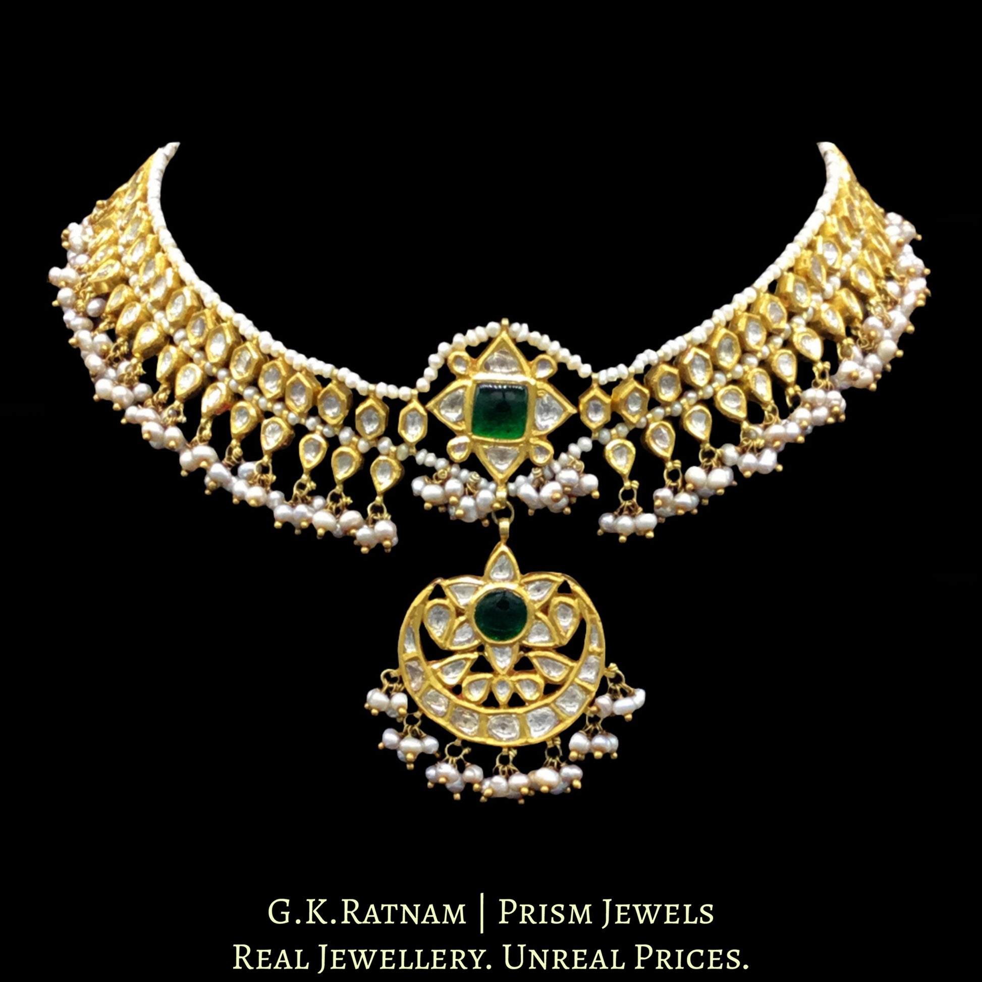 18k Gold and Diamond Polki Matha Patti with antiqued natural hyderabadi pearls - G. K. Ratnam