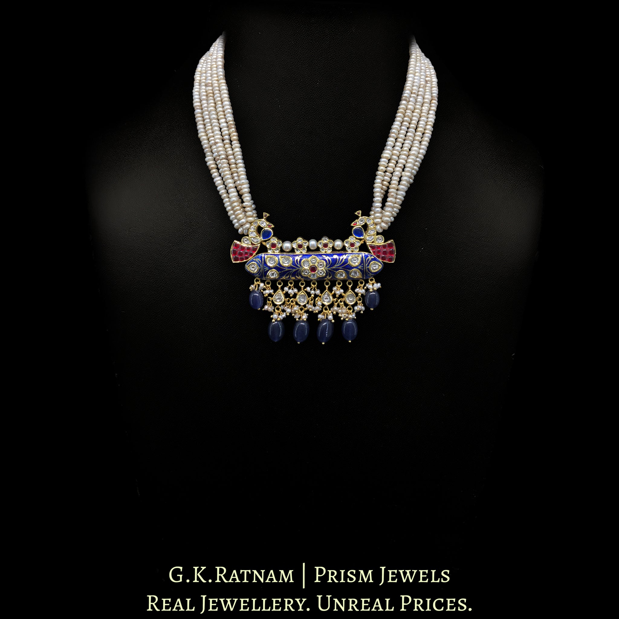 18k Gold and Diamond Polki tevta-style Pendant Set with Blue Enamel