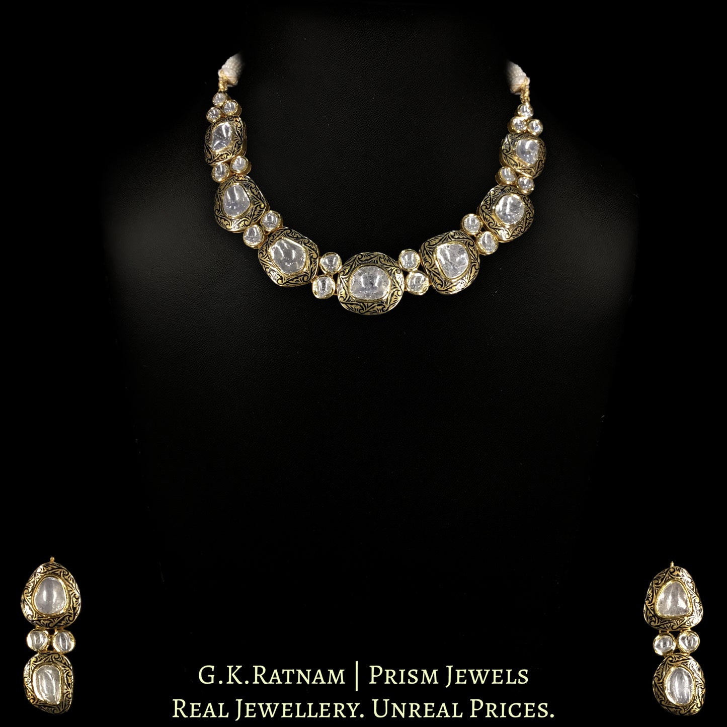 18k Gold and Diamond Polki Necklace Set with Big Uncuts and Intricate Goldwork - G. K. Ratnam