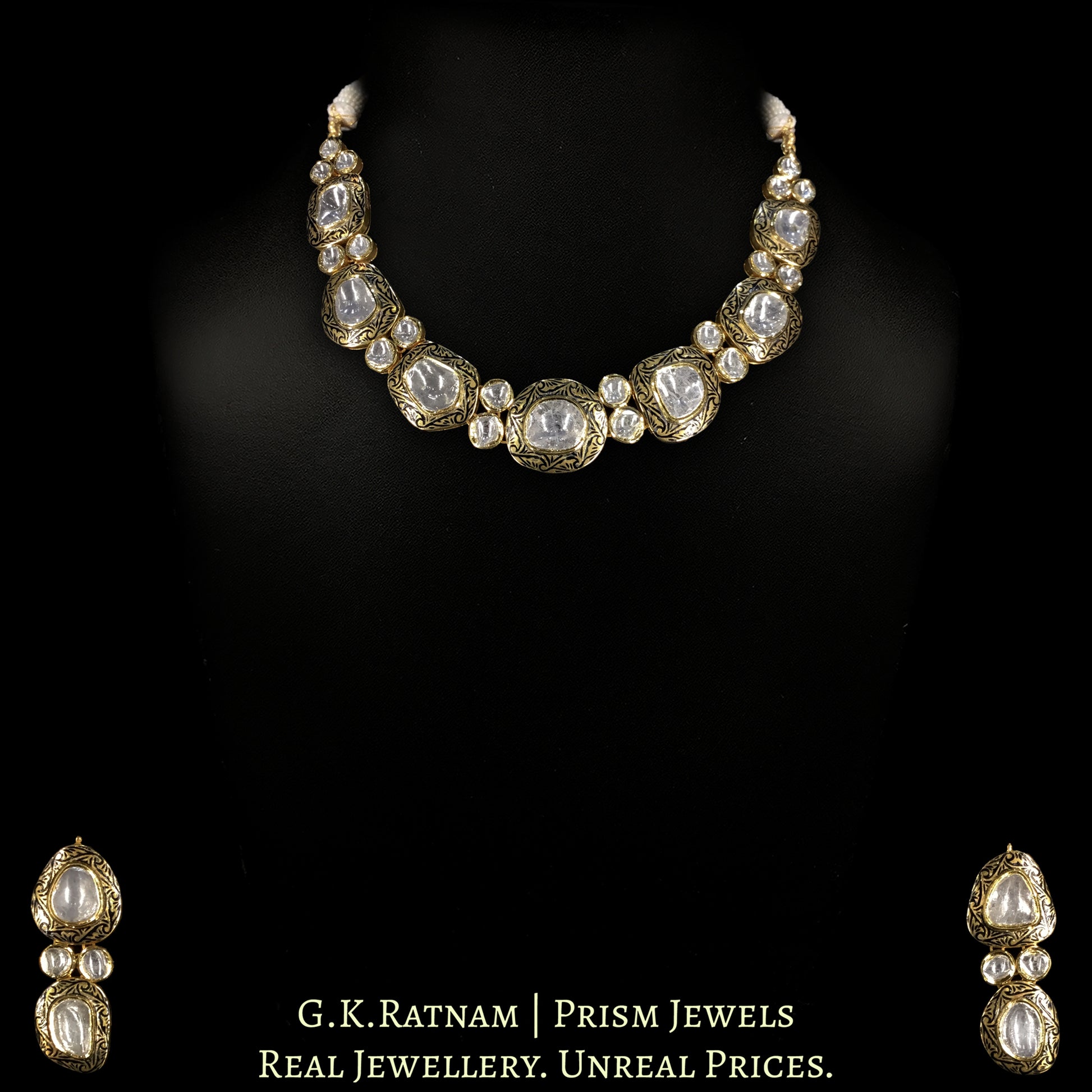 18k Gold and Diamond Polki Necklace Set with Big Uncuts and Intricate Goldwork - G. K. Ratnam