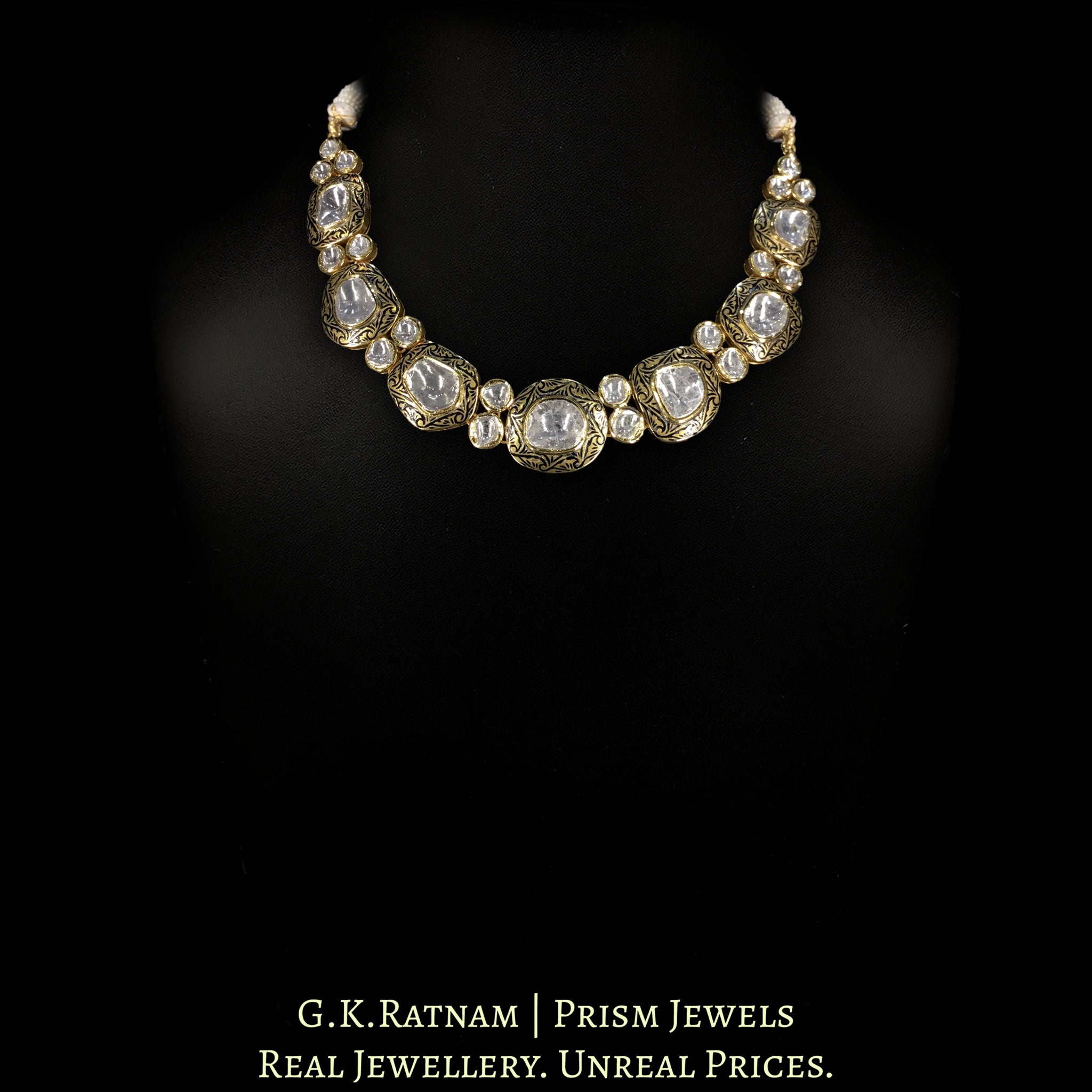 18k Gold and Diamond Polki Necklace Set with Big Uncuts and Intricate Goldwork