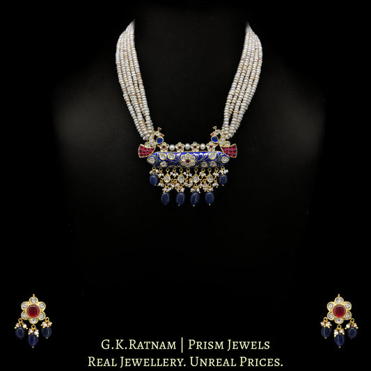 18k Gold and Diamond Polki tevta-style Pendant Set with Blue Enamel