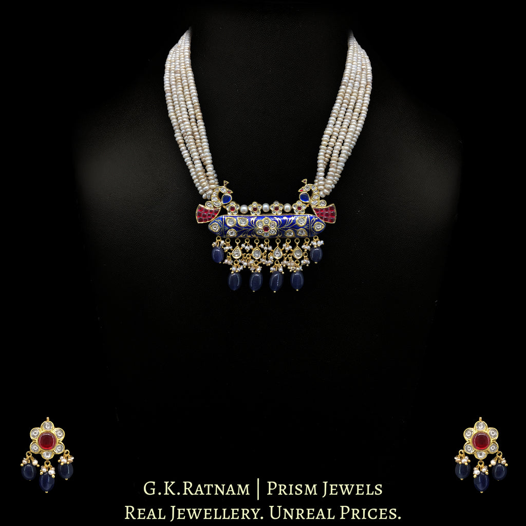 18k Gold and Diamond Polki tevta-style Pendant Set with Blue Enamel