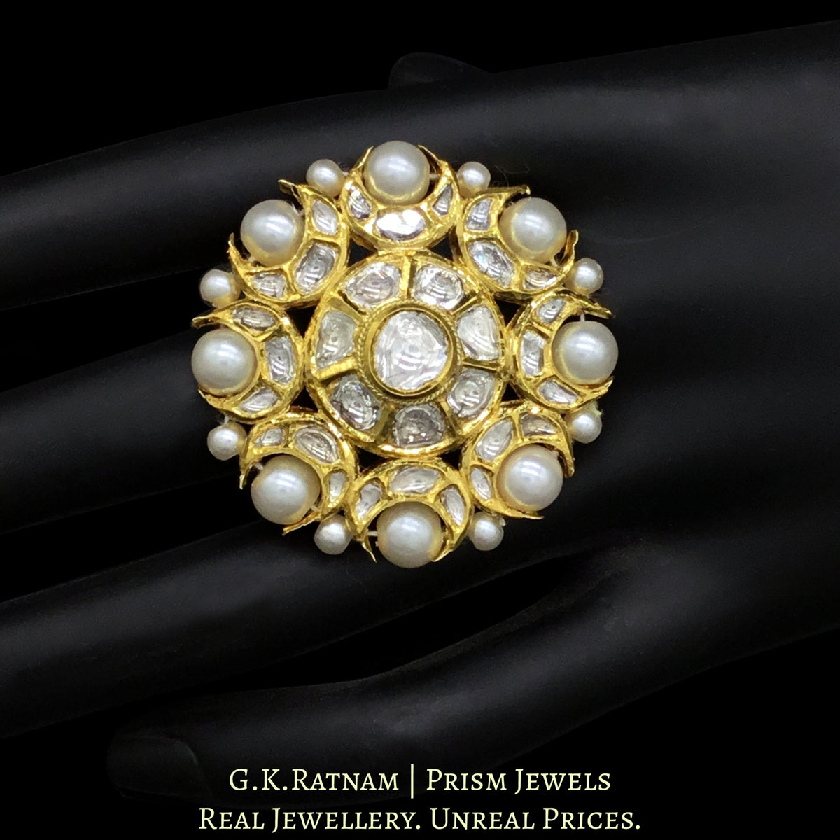 18k Gold and Diamond Polki Round Ring with Pearl Rimming – G. K. Ratnam
