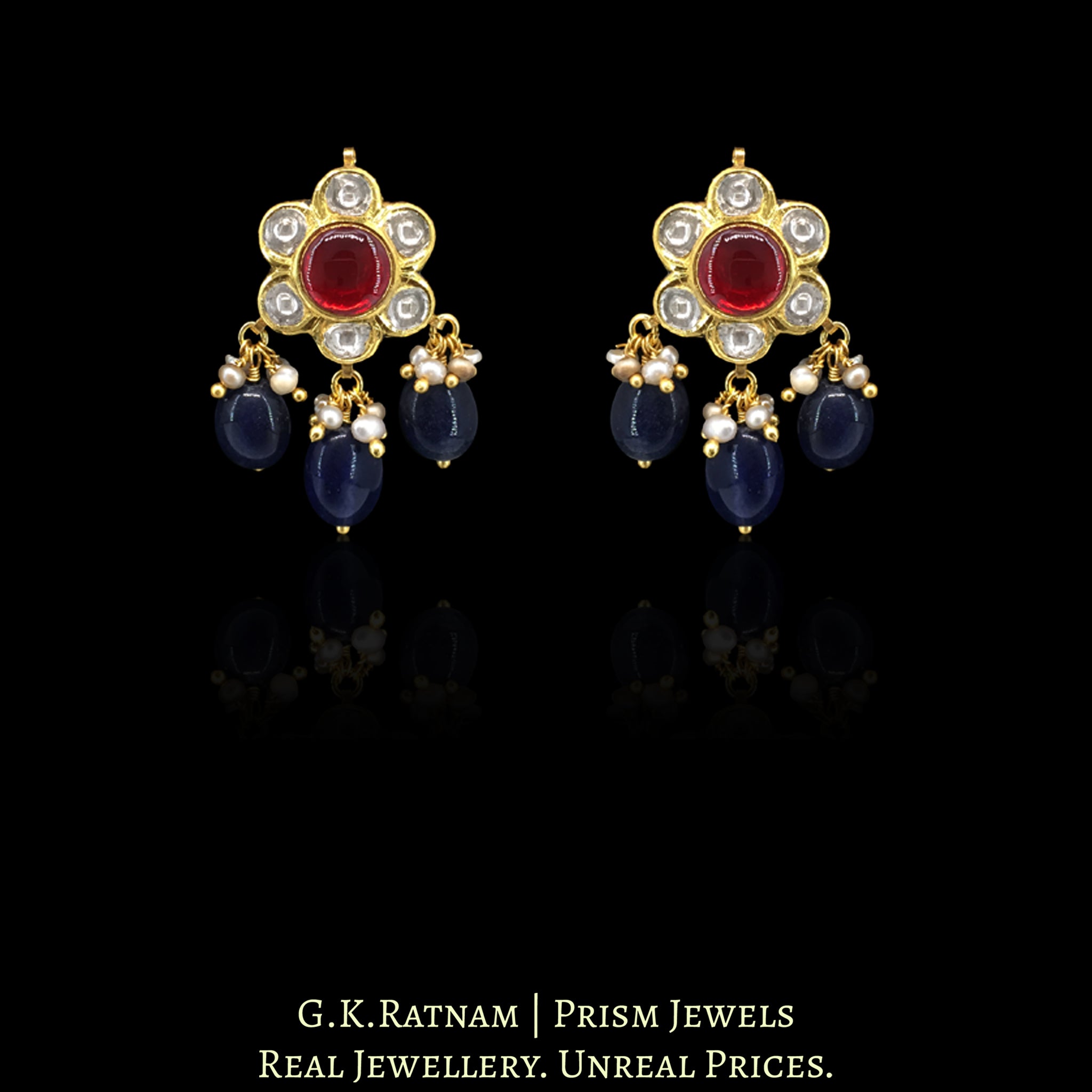 18k Gold and Diamond Polki tevta-style Pendant Set with Blue Enamel