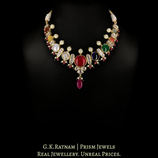 18k Gold and Diamond Polki Navratna Necklace Set enhanced with Rubies and Pearls