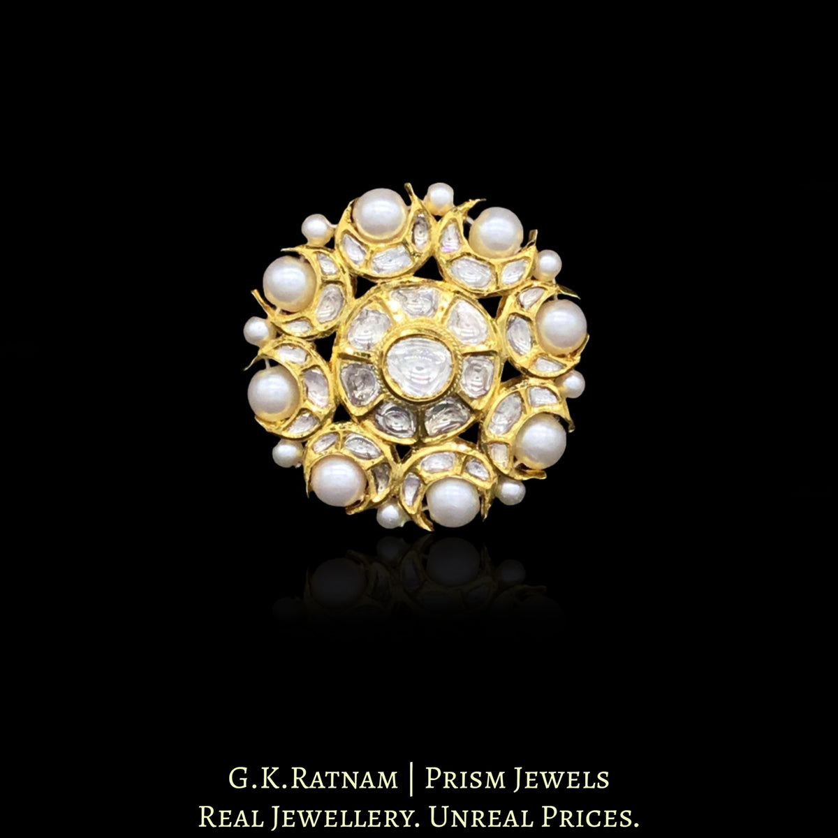 18k Gold and Diamond Polki Round Ring with Pearl Rimming – G. K. Ratnam