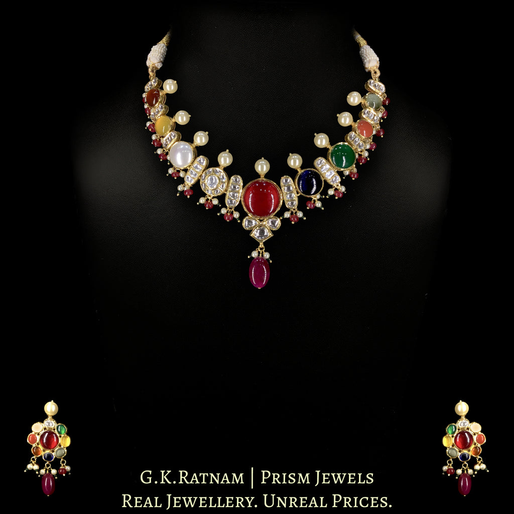 18k Gold and Diamond Polki Navratna Necklace Set enhanced with Rubies and Pearls