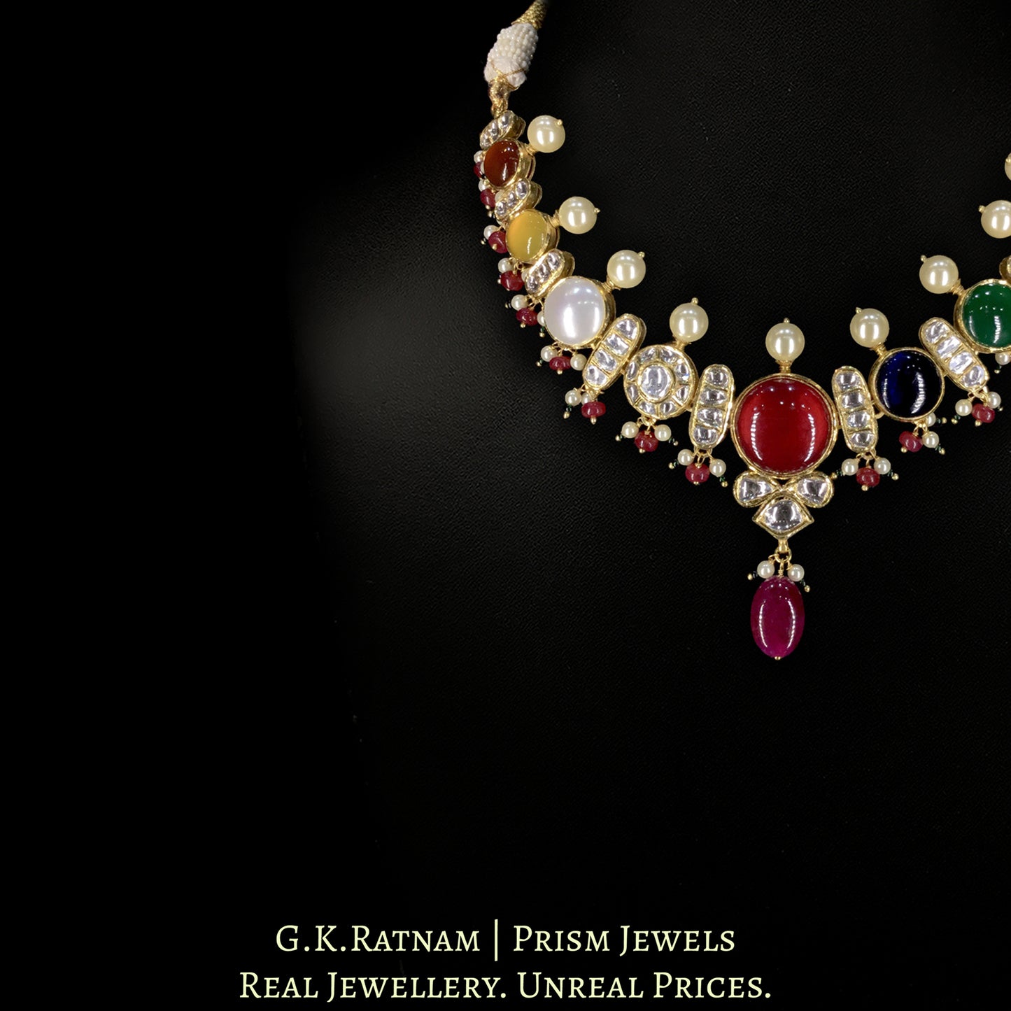 18k Gold and Diamond Polki Navratna Necklace Set enhanced with Rubies and Pearls