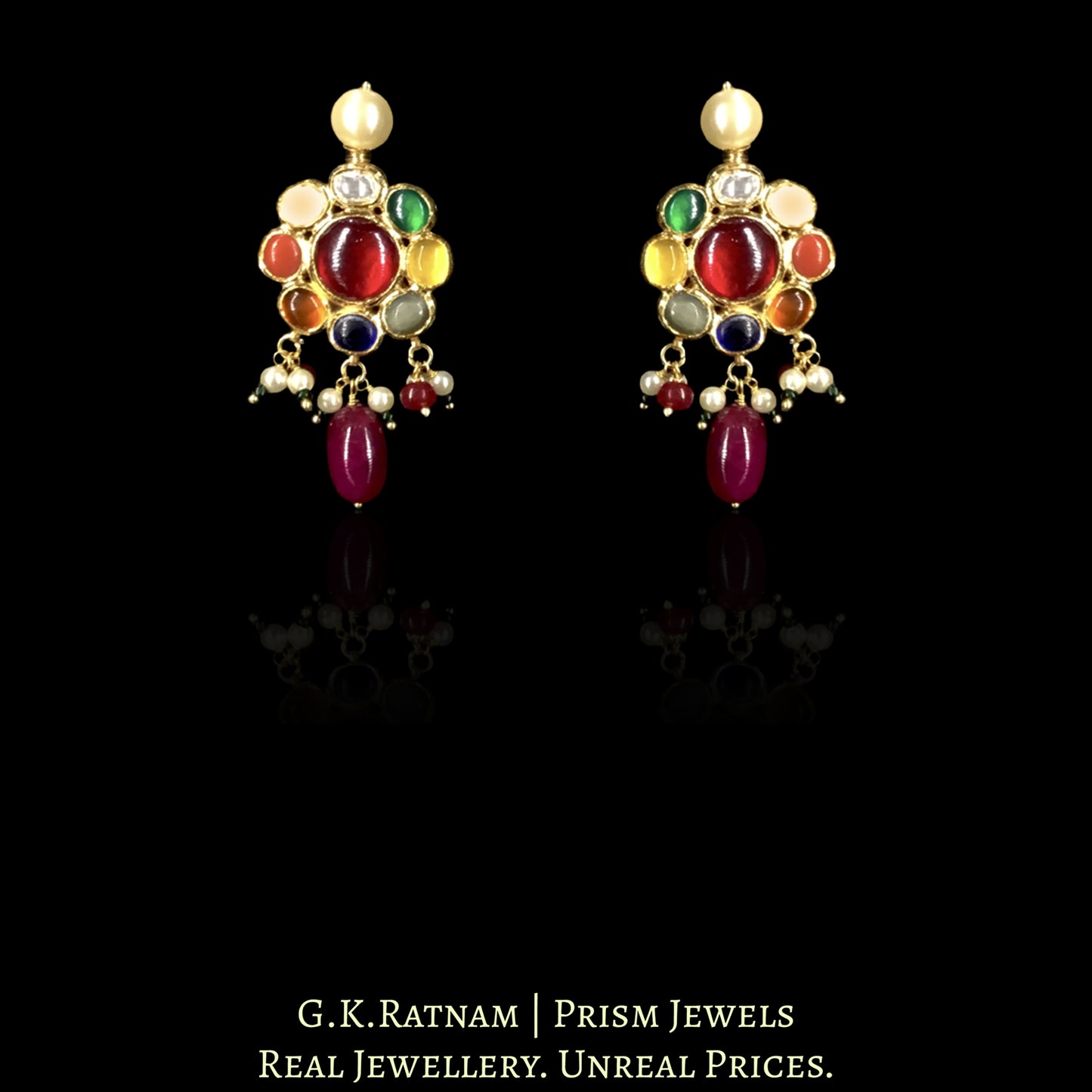 18k Gold and Diamond Polki Navratna Necklace Set enhanced with Rubies and Pearls