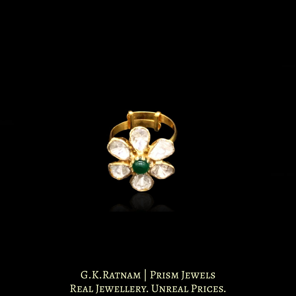14k Gold and Diamond Polki Open Setting floral Ring with emerald center